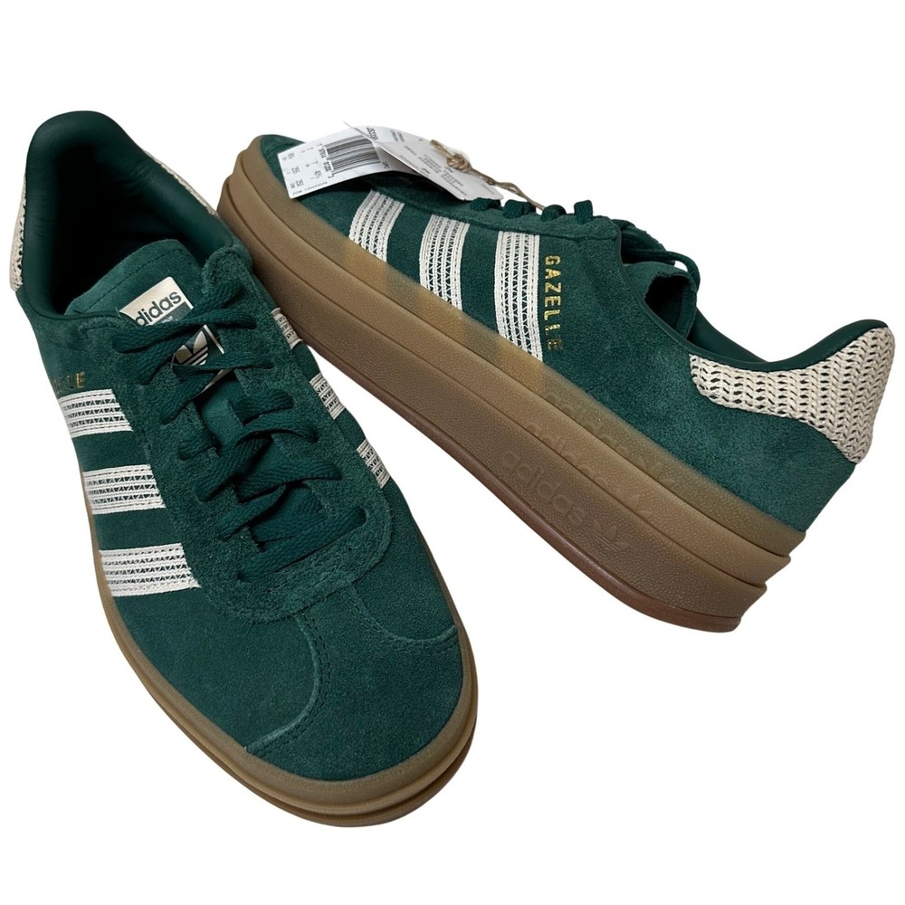 adidas Gazelle Platform Sneakers in Dark Green and Cream with Brown Sole